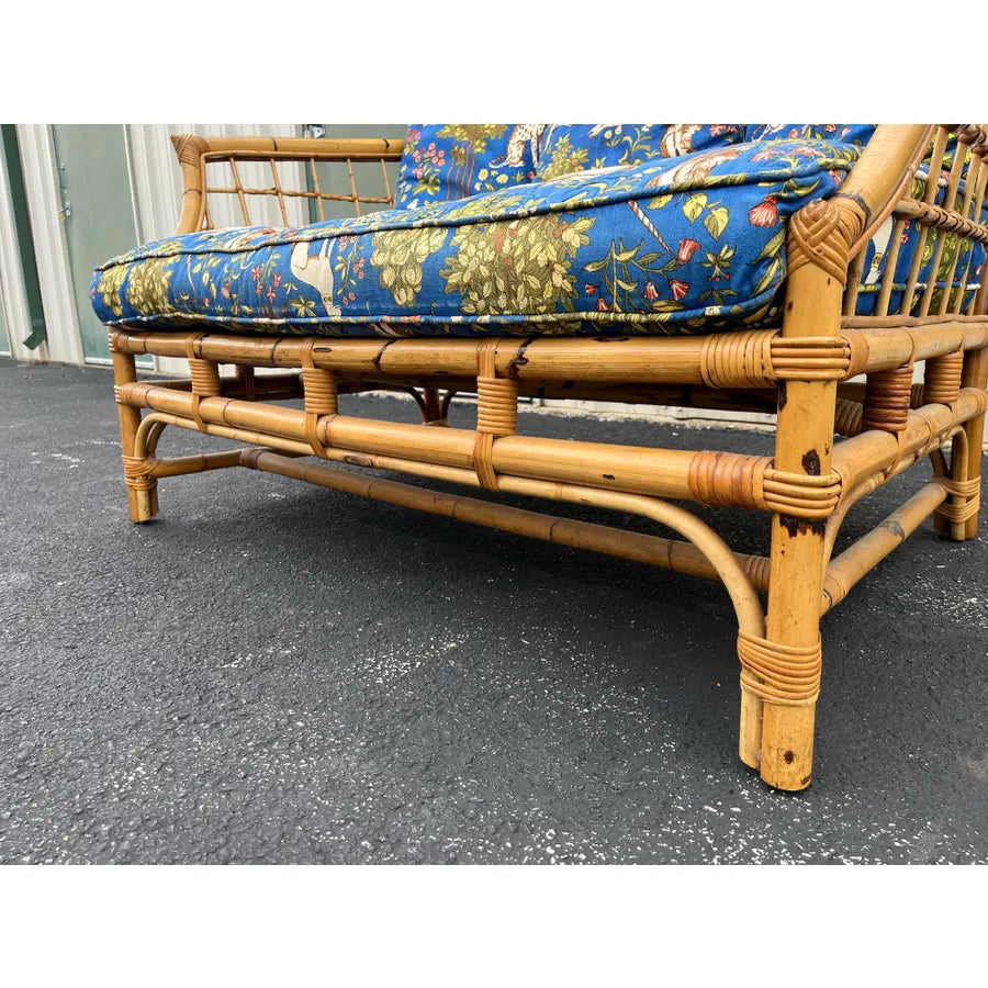 Mid 20th Century Asian Rattan Loveseat With Unicorn Tapestry Upholstery