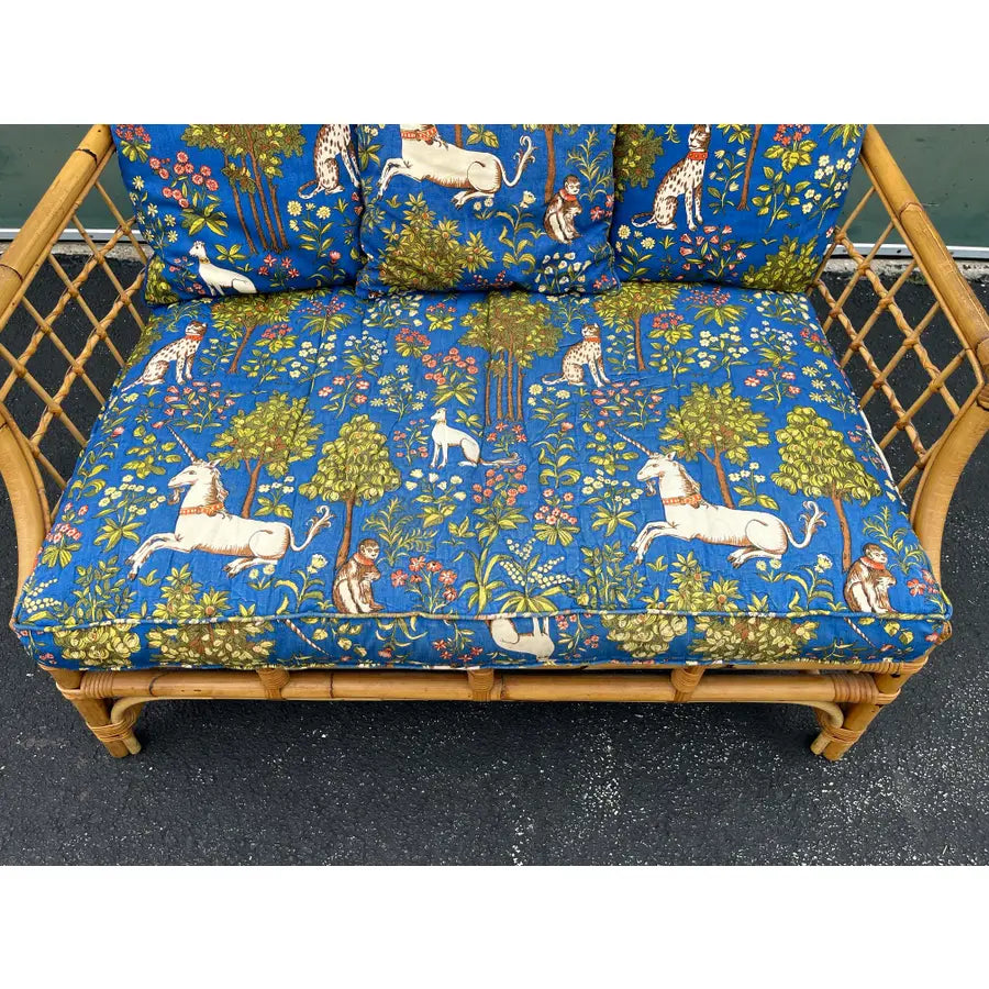 Mid 20th Century Asian Rattan Loveseat With Unicorn Tapestry Upholstery