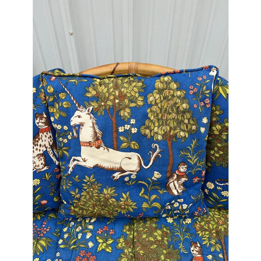 Mid 20th Century Asian Rattan Loveseat With Unicorn Tapestry Upholstery