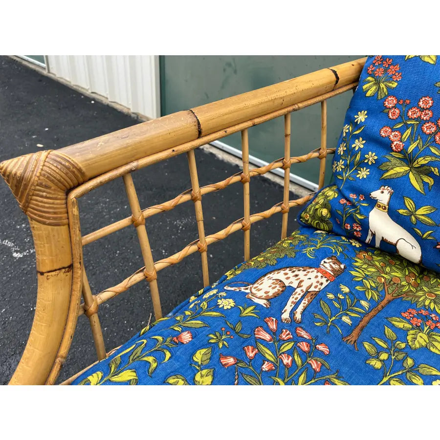 Mid 20th Century Asian Rattan Loveseat With Unicorn Tapestry Upholstery