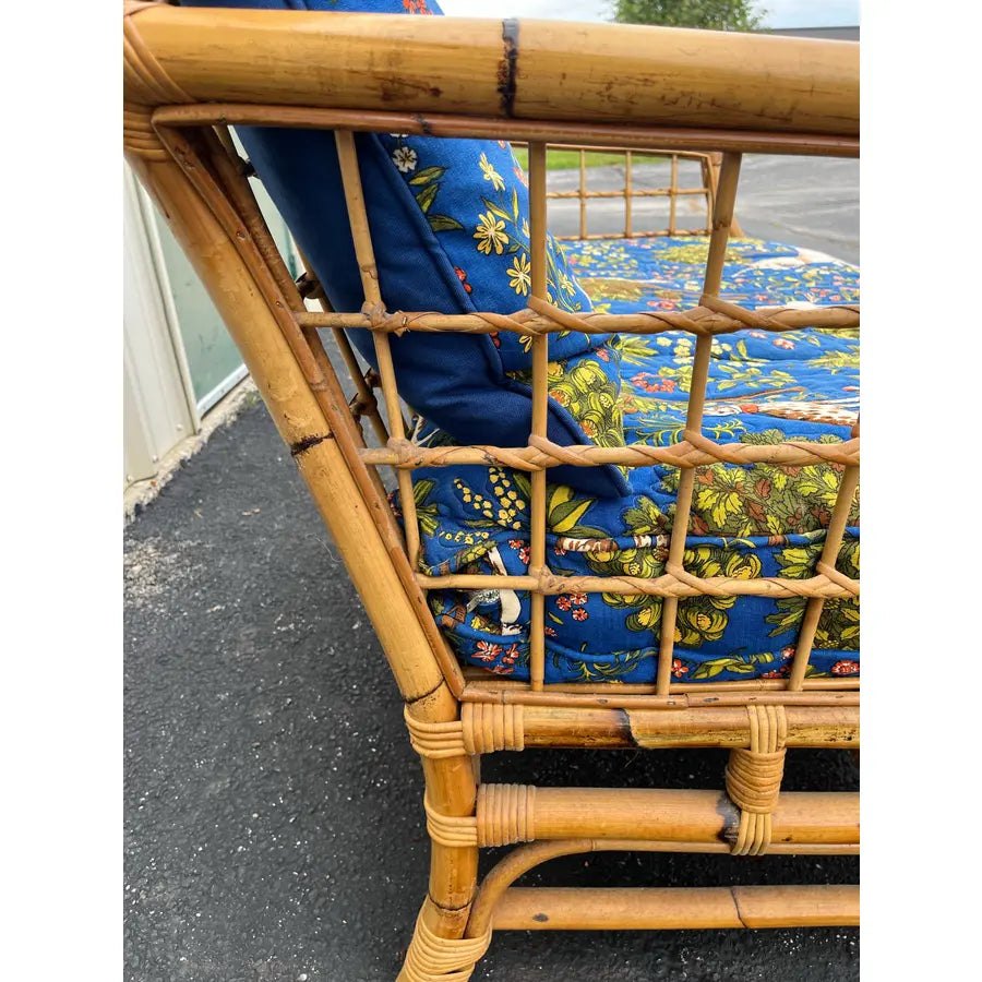 Mid 20th Century Asian Rattan Loveseat With Unicorn Tapestry Upholstery