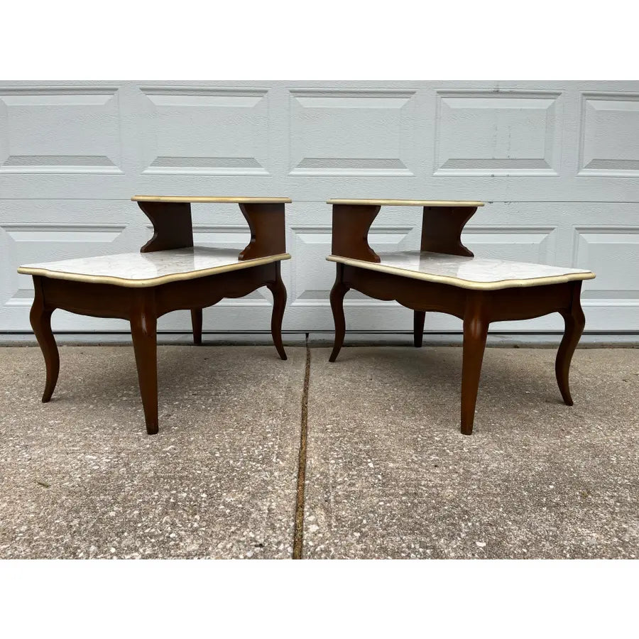 Mid -Century Modern Walnut and Faux Marble Two-Tiered Side End Tables- A Pair
