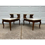 Mid -Century Modern Walnut and Faux Marble Two-Tiered Side End Tables- A Pair