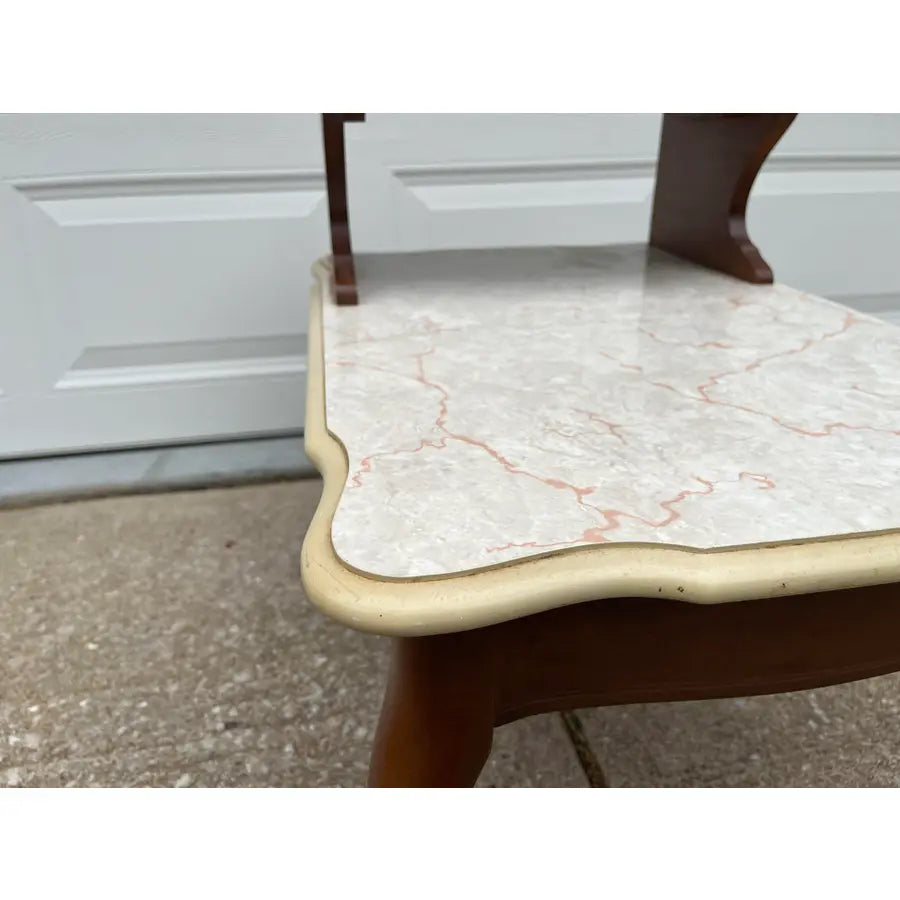 Mid -Century Modern Walnut and Faux Marble Two-Tiered Side End Tables- A Pair