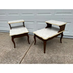 Mid -Century Modern Walnut and Faux Marble Two-Tiered Side End Tables- A Pair