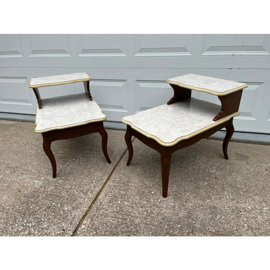Mid -Century Modern Walnut and Faux Marble Two-Tiered Side End Tables- A Pair
