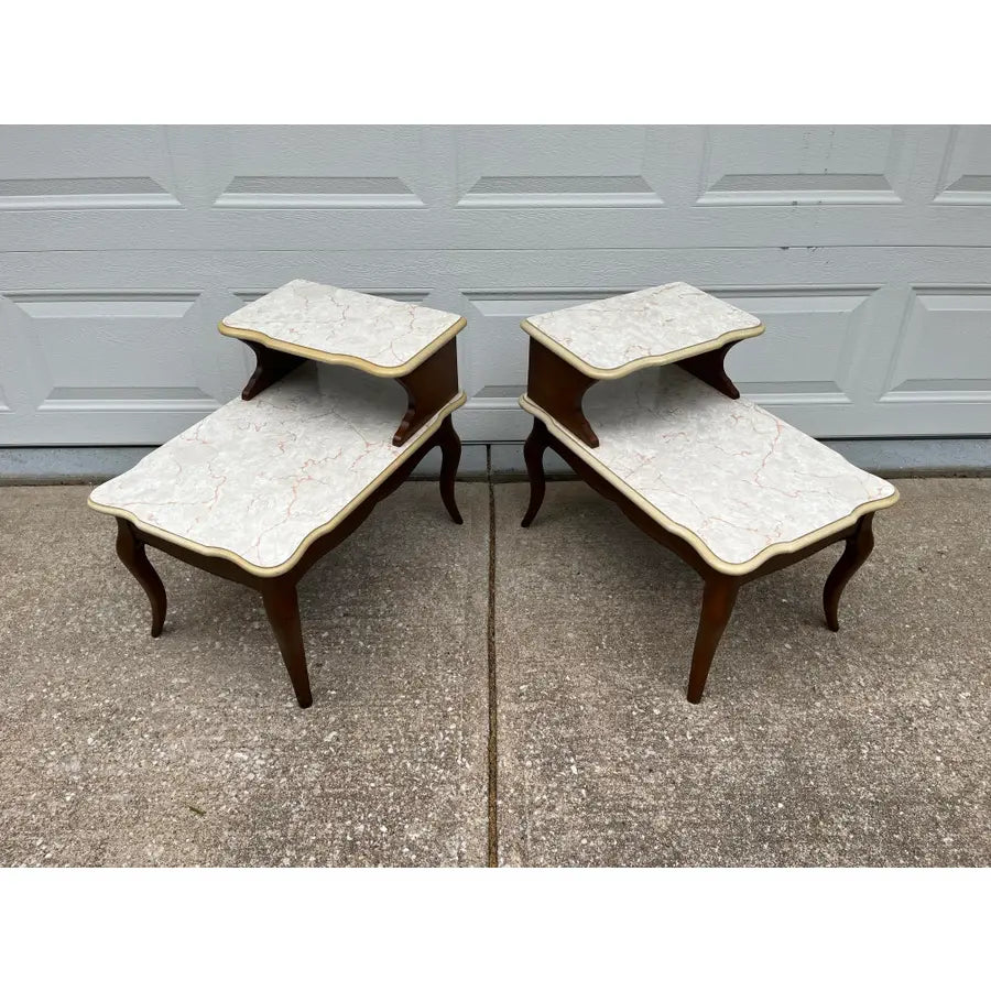 Mid -Century Modern Walnut and Faux Marble Two-Tiered Side End Tables- A Pair