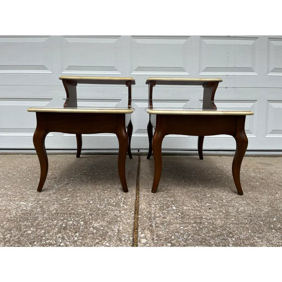 Mid -Century Modern Walnut and Faux Marble Two-Tiered Side End Tables- A Pair