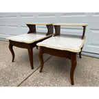 Mid -Century Modern Walnut and Faux Marble Two-Tiered Side End Tables- A Pair