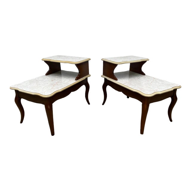 Mid -Century Modern Walnut and Faux Marble Two-Tiered Side End Tables- A Pair