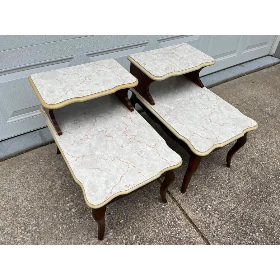 Mid -Century Modern Walnut and Faux Marble Two-Tiered Side End Tables- A Pair