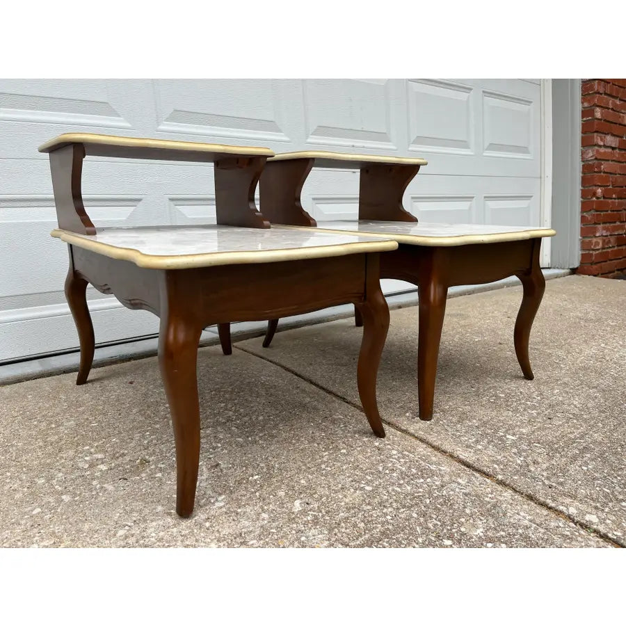 Mid -Century Modern Walnut and Faux Marble Two-Tiered Side End Tables- A Pair