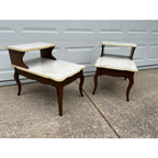 Mid -Century Modern Walnut and Faux Marble Two-Tiered Side End Tables- A Pair