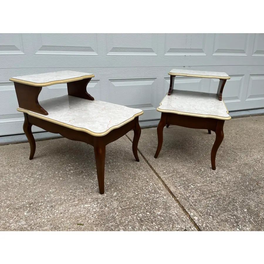 Mid -Century Modern Walnut and Faux Marble Two-Tiered Side End Tables- A Pair