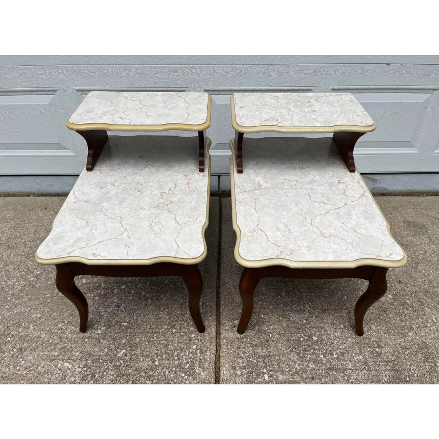 Mid -Century Modern Walnut and Faux Marble Two-Tiered Side End Tables- A Pair