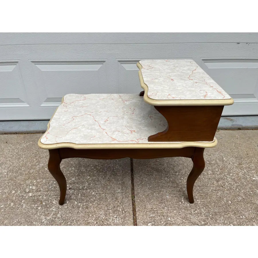Mid -Century Modern Walnut and Faux Marble Two-Tiered Side End Tables- A Pair