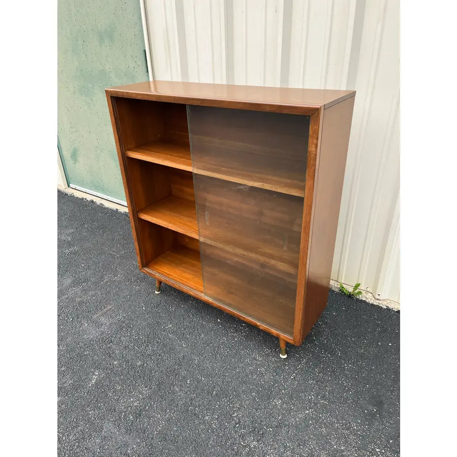 Mid Century Modern Walnut Bookcase With Sliding Glass Doors