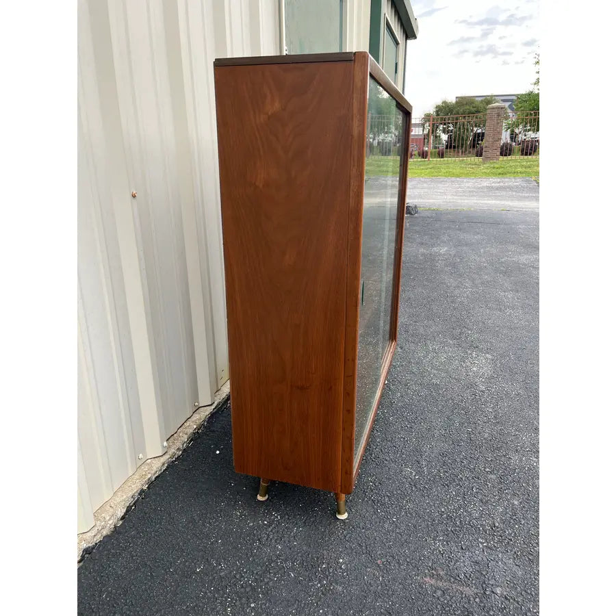 Mid Century Modern Walnut Bookcase With Sliding Glass Doors