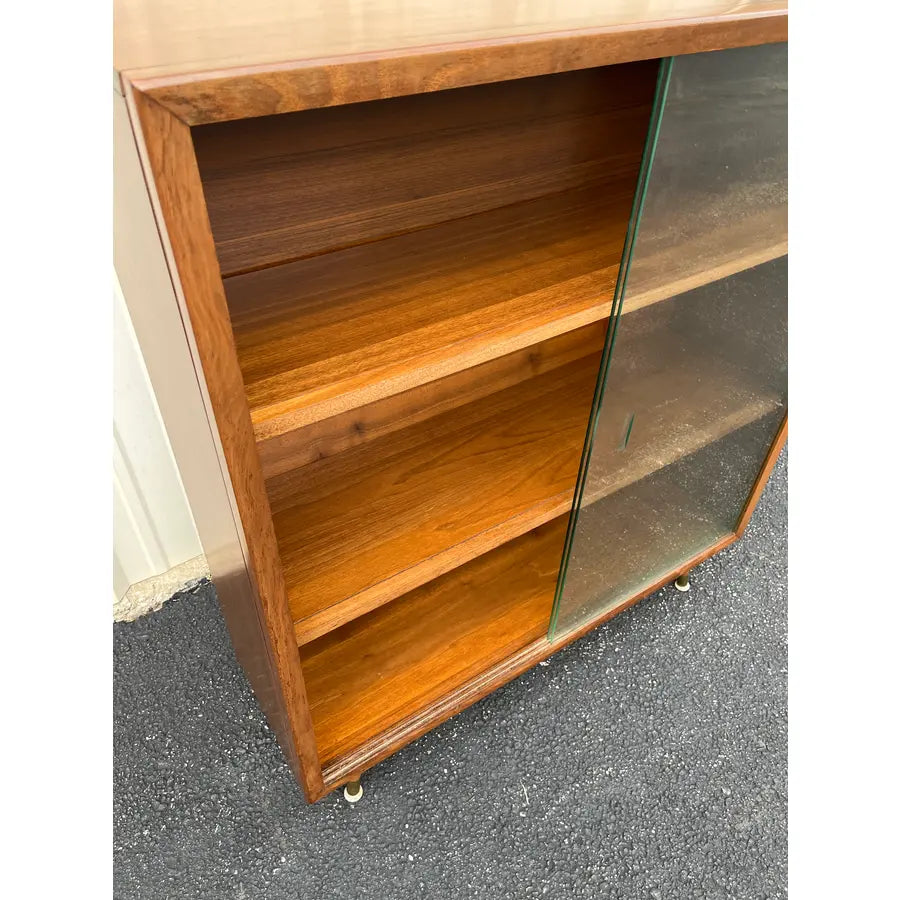 Mid Century Modern Walnut Bookcase With Sliding Glass Doors