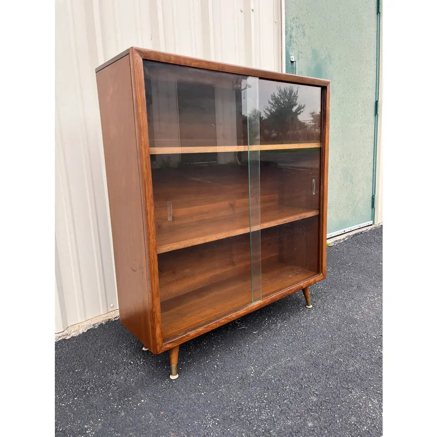 Mid Century Modern Walnut Bookcase With Sliding Glass Doors