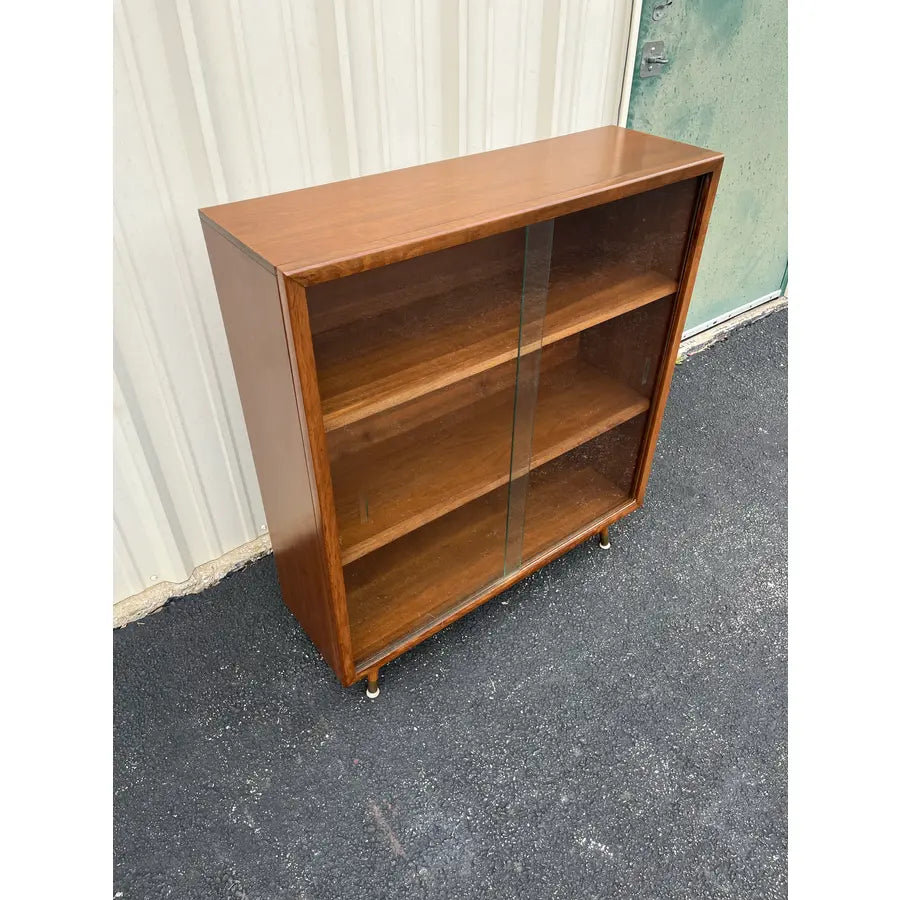 Mid Century Modern Walnut Bookcase With Sliding Glass Doors