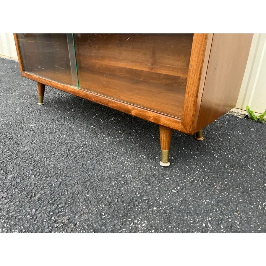 Mid Century Modern Walnut Bookcase With Sliding Glass Doors