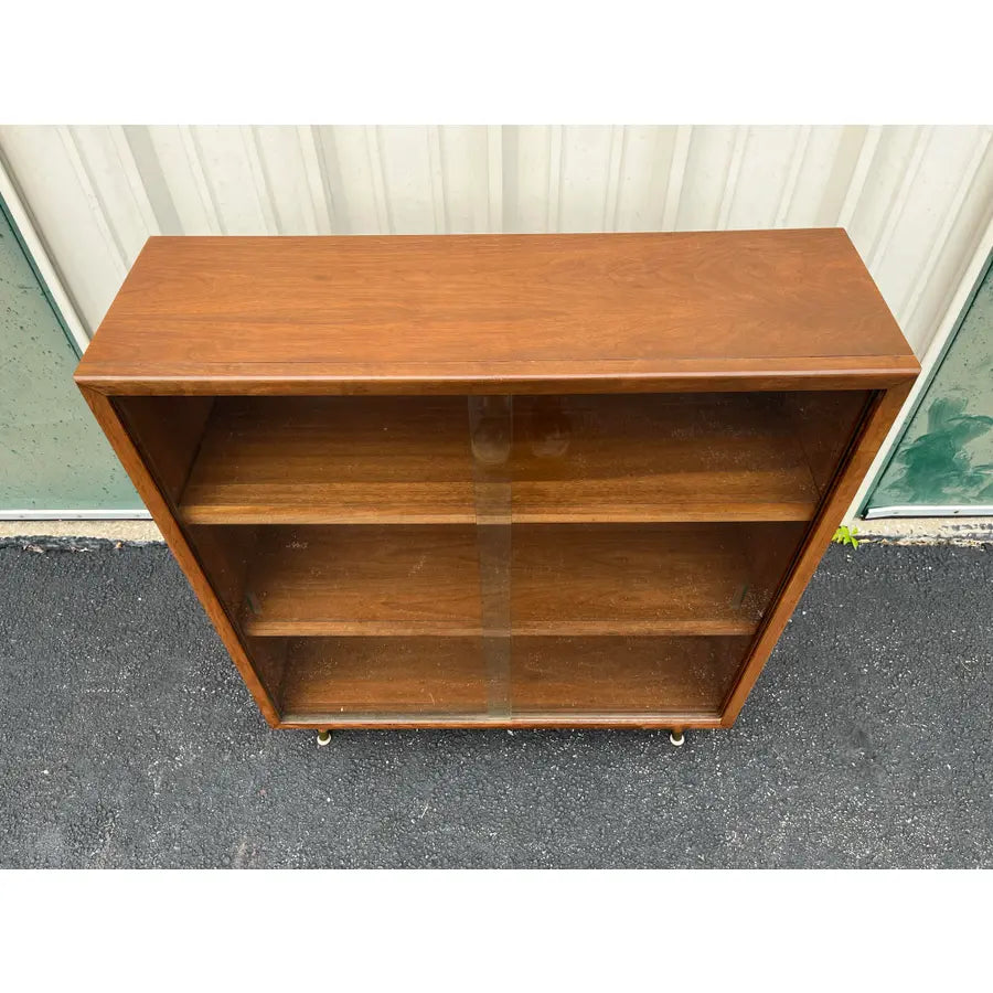 Mid Century Modern Walnut Bookcase With Sliding Glass Doors