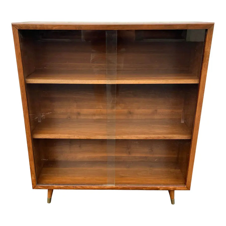 Mid Century Modern Walnut Bookcase With Sliding Glass Doors