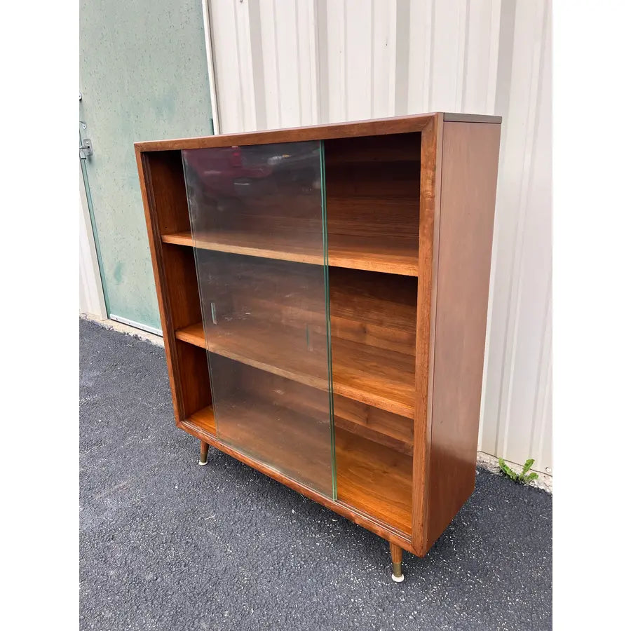 Mid Century Modern Walnut Bookcase With Sliding Glass Doors