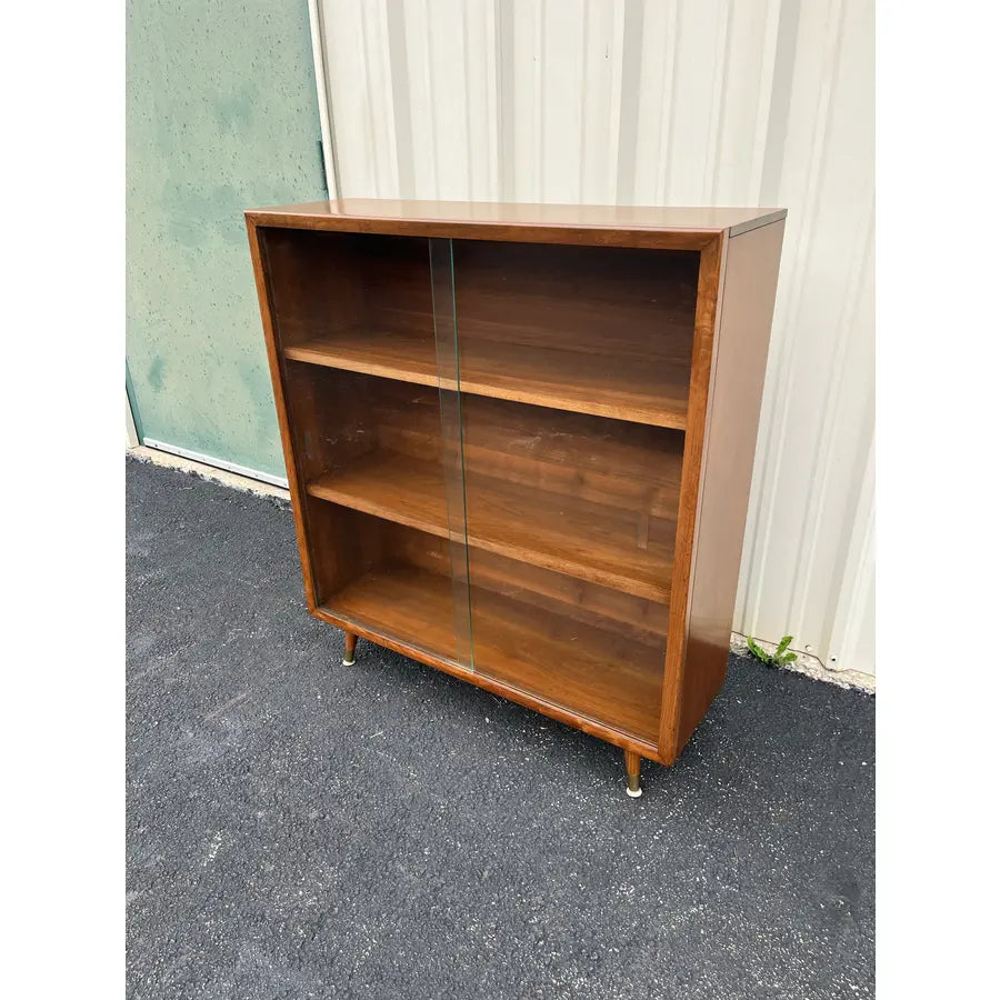 Mid Century Modern Walnut Bookcase With Sliding Glass Doors