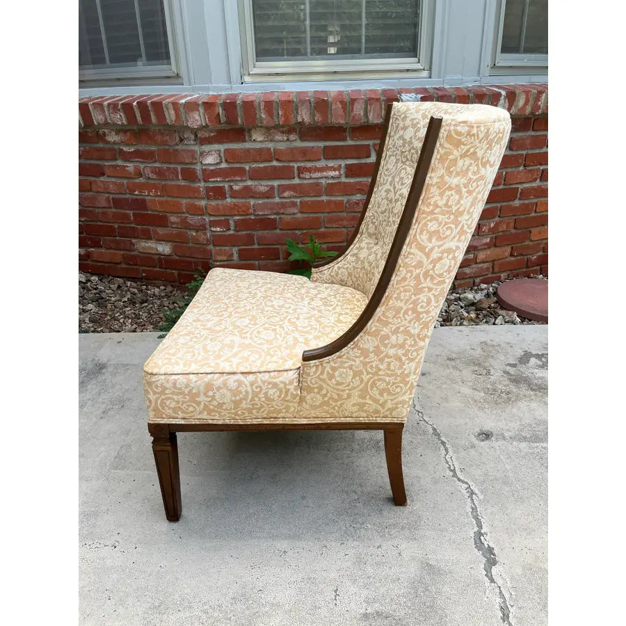 Mid Century Walnut Side Chair in Tufted Honey Gold Damask Upholstery