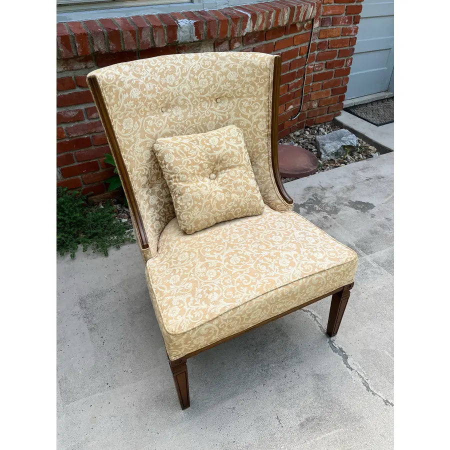 Mid Century Walnut Side Chair in Tufted Honey Gold Damask Upholstery