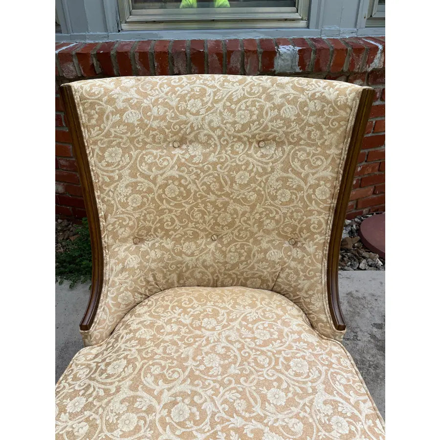 Mid Century Walnut Side Chair in Tufted Honey Gold Damask Upholstery