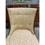 Mid Century Walnut Side Chair in Tufted Honey Gold Damask Upholstery