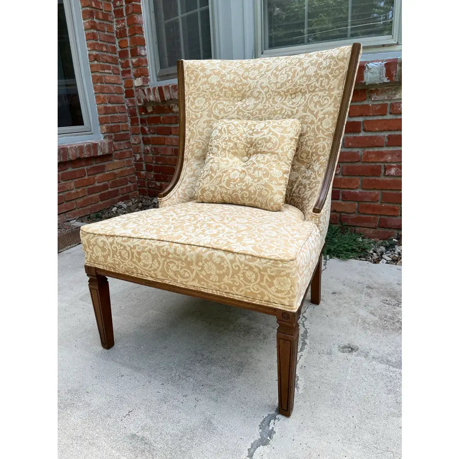 Mid Century Walnut Side Chair in Tufted Honey Gold Damask Upholstery