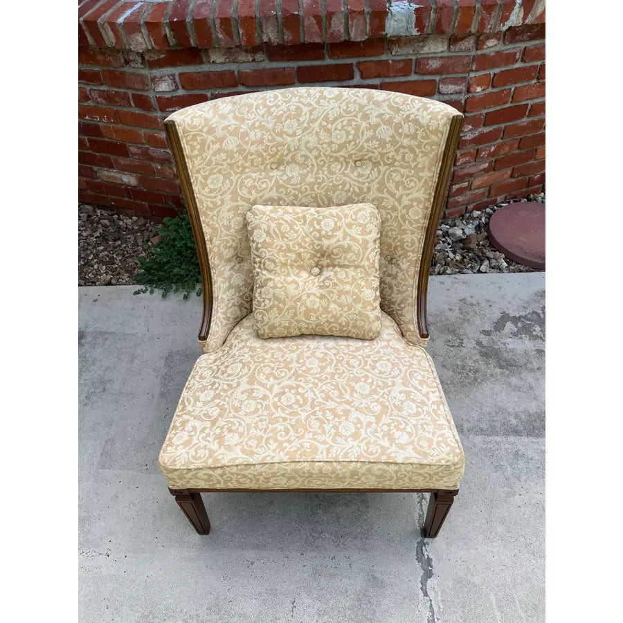 Mid Century Walnut Side Chair in Tufted Honey Gold Damask Upholstery