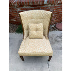 Mid Century Walnut Side Chair in Tufted Honey Gold Damask Upholstery