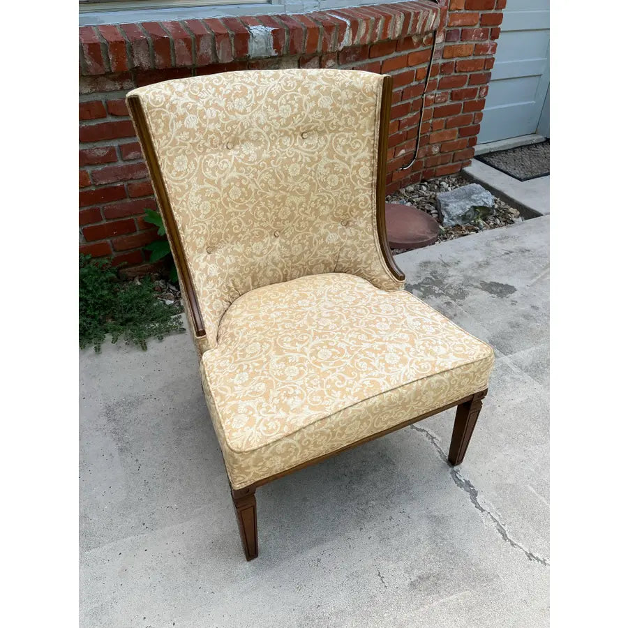 Mid Century Walnut Side Chair in Tufted Honey Gold Damask Upholstery
