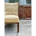 Mid Century Walnut Side Chair in Tufted Honey Gold Damask Upholstery