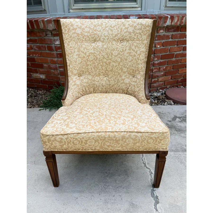 Mid Century Walnut Side Chair in Tufted Honey Gold Damask Upholstery