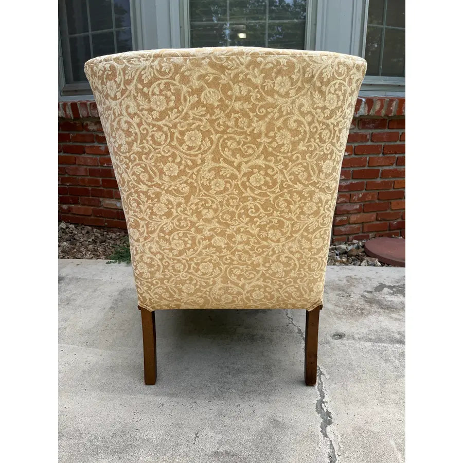 Mid Century Walnut Side Chair in Tufted Honey Gold Damask Upholstery