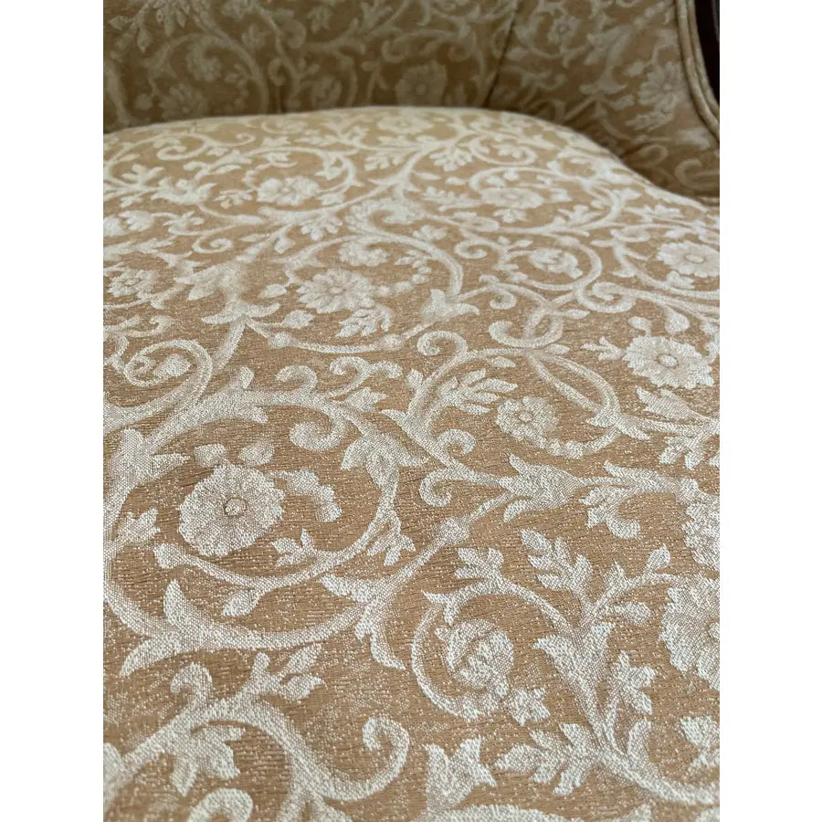 Mid Century Walnut Side Chair in Tufted Honey Gold Damask Upholstery