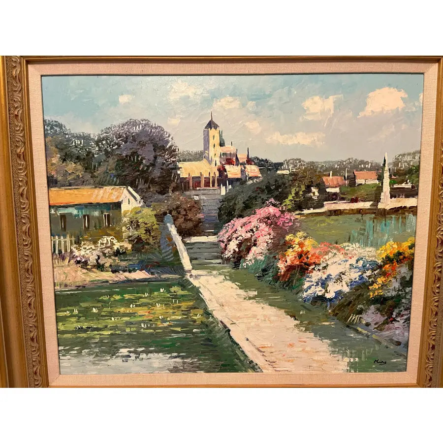 Ming Feng Framed Oil Painting on Canvas 32"- Village Landscape
