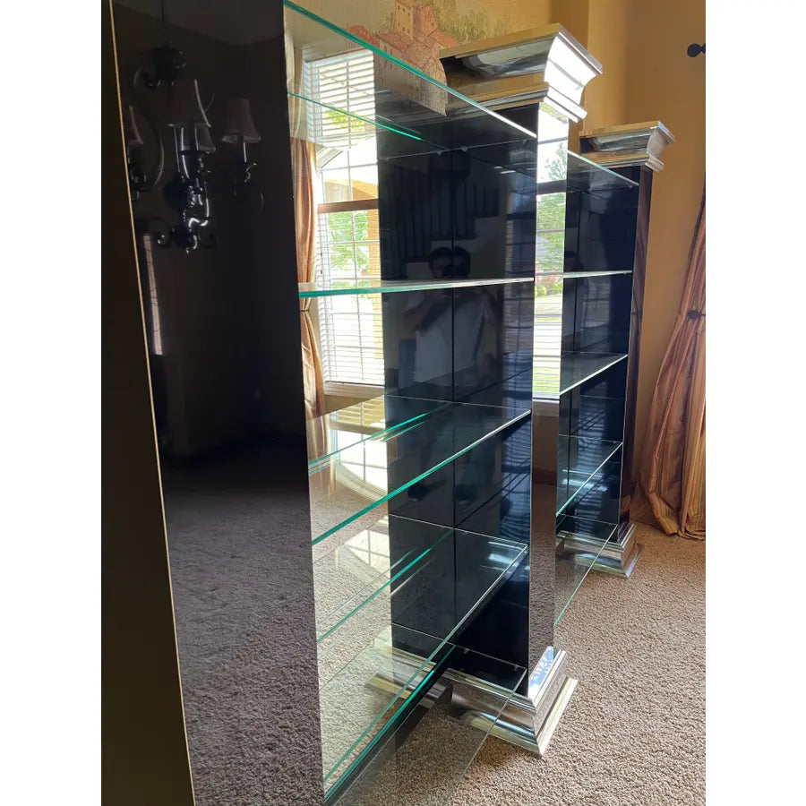 Monumental Black and Chrome Mirrored Glass Shelving or Display Wall Unit