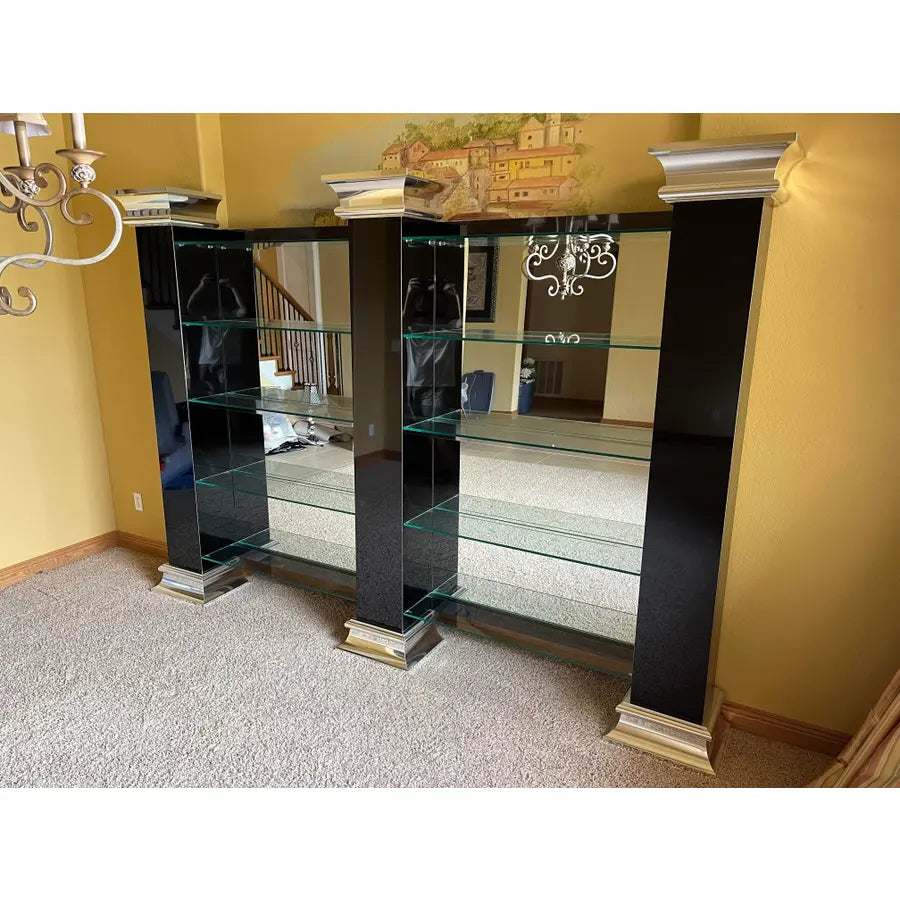 Monumental Black and Chrome Mirrored Glass Shelving or Display Wall Unit