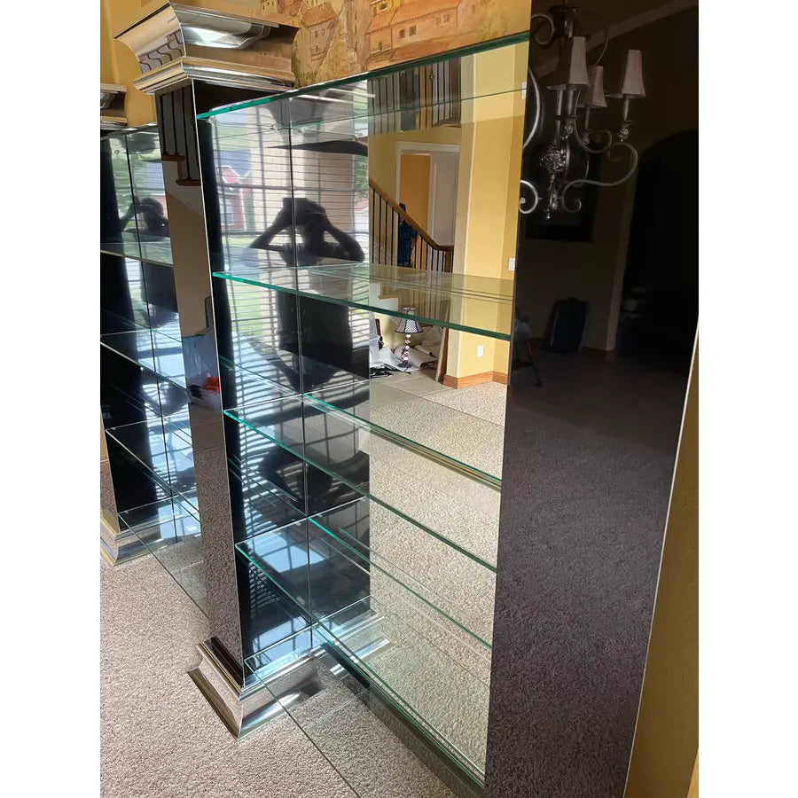 Monumental Black and Chrome Mirrored Glass Shelving or Display Wall Unit