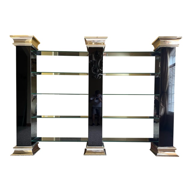 Monumental Black and Chrome Mirrored Glass Shelving or Display Wall Unit