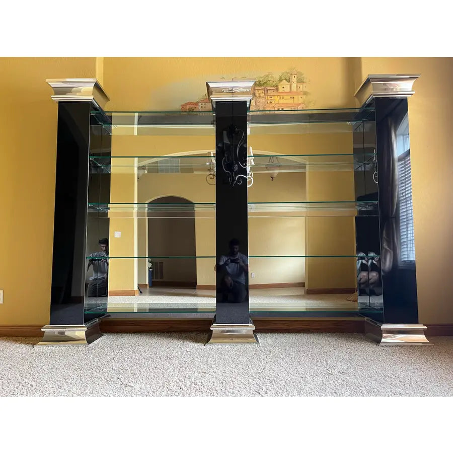 Monumental Black and Chrome Mirrored Glass Shelving or Display Wall Unit