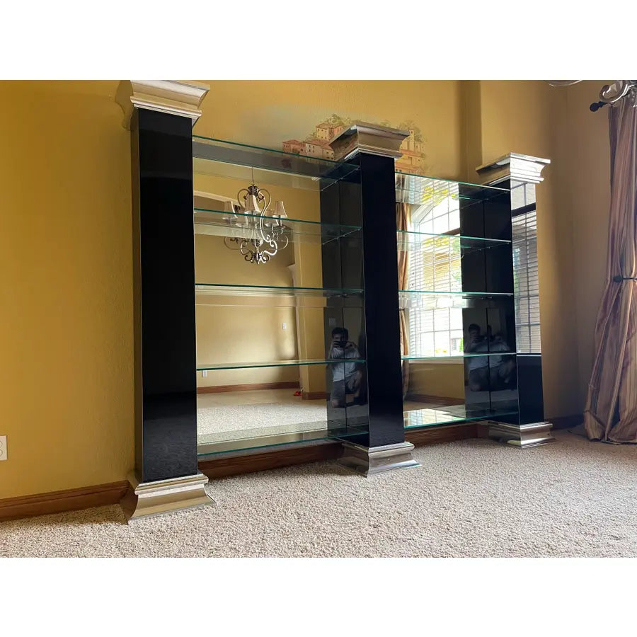 Monumental Black and Chrome Mirrored Glass Shelving or Display Wall Unit