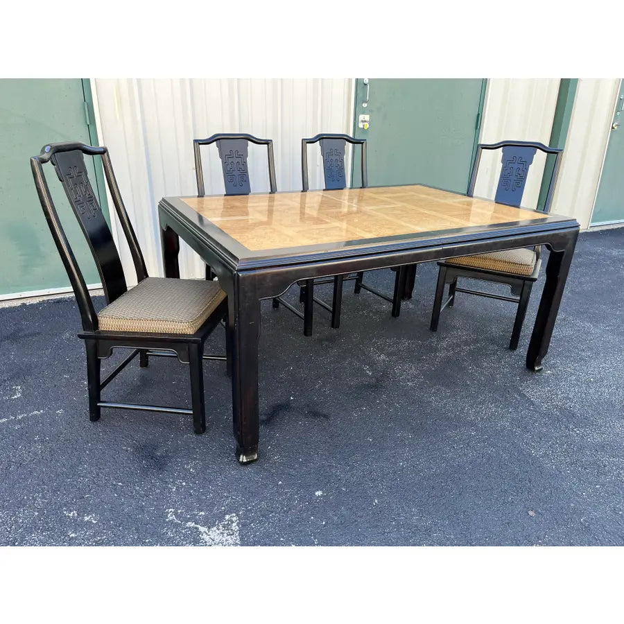 Raymond Sobota for Century- Black Lacquer and Burlwood Dining Table and Chairs- Set of 5